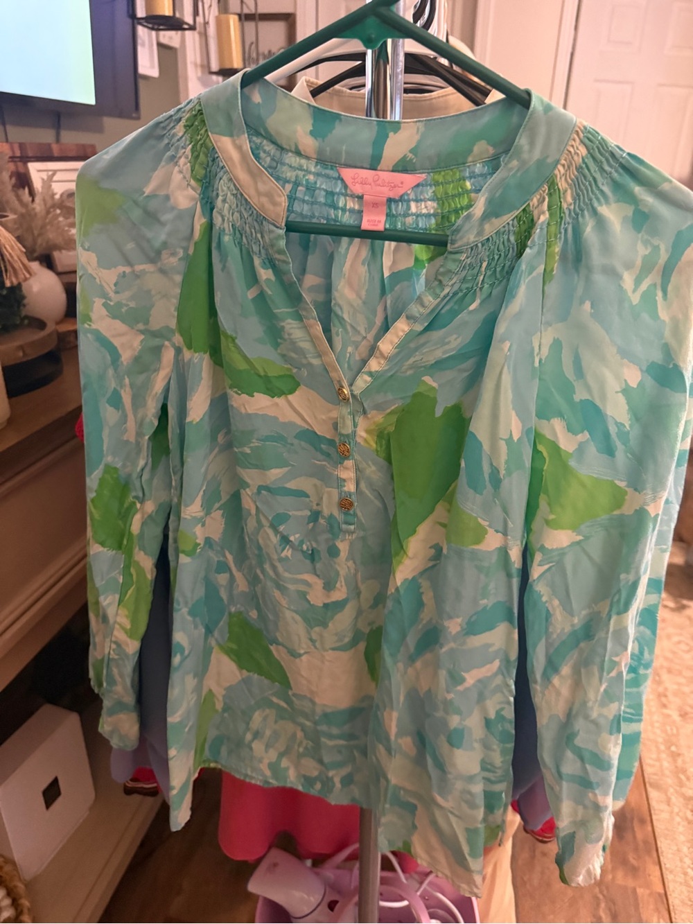 Lilly Pulitzer Aqua, Teal & Green Watercolor Button-Front Blouse